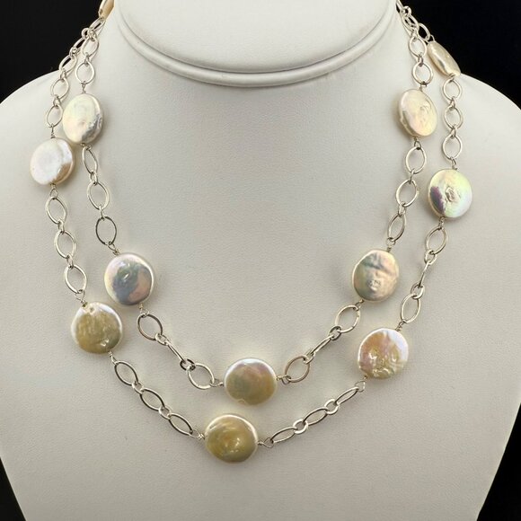 Coin Pearl Necklace Single Strand With Silver-Tone Chain Elegant - Picture 1 of 11
